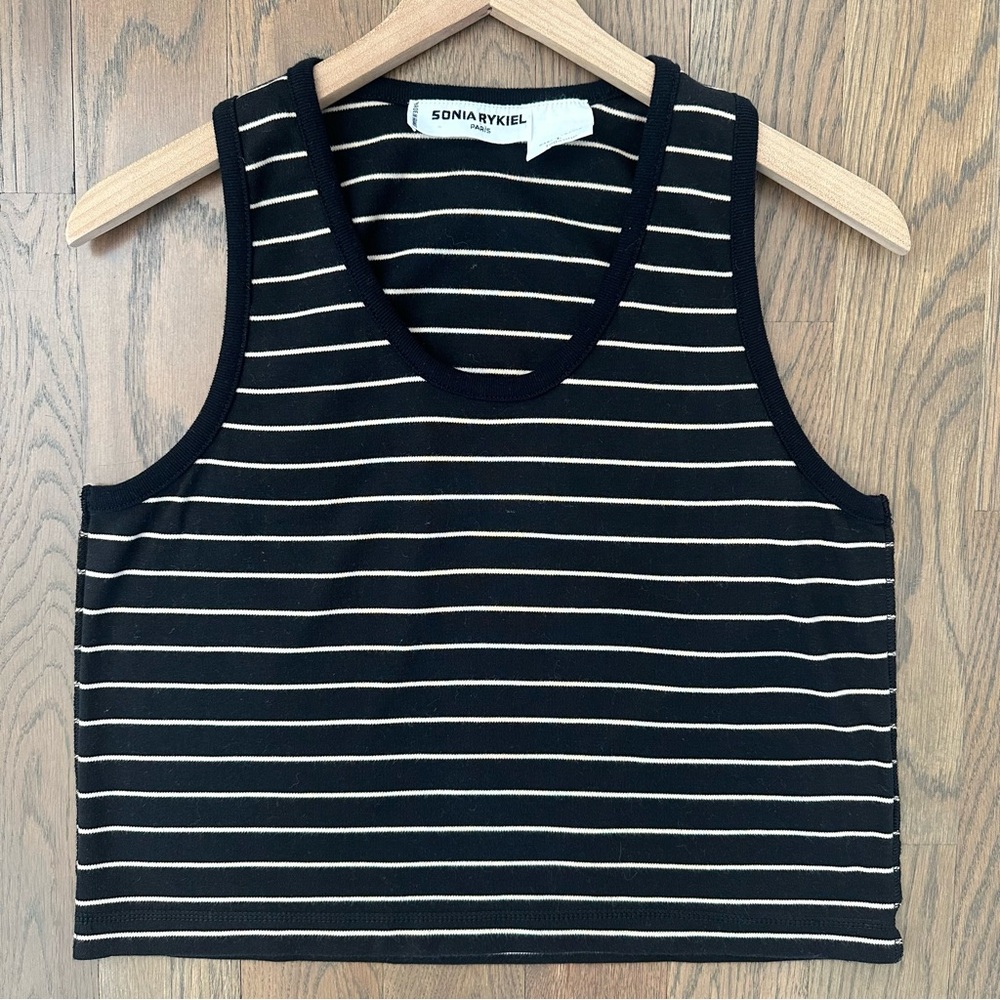 Vintage Sonia Rykiel Striped Sleeveless Cotton Tank Top in Black, Tan Large